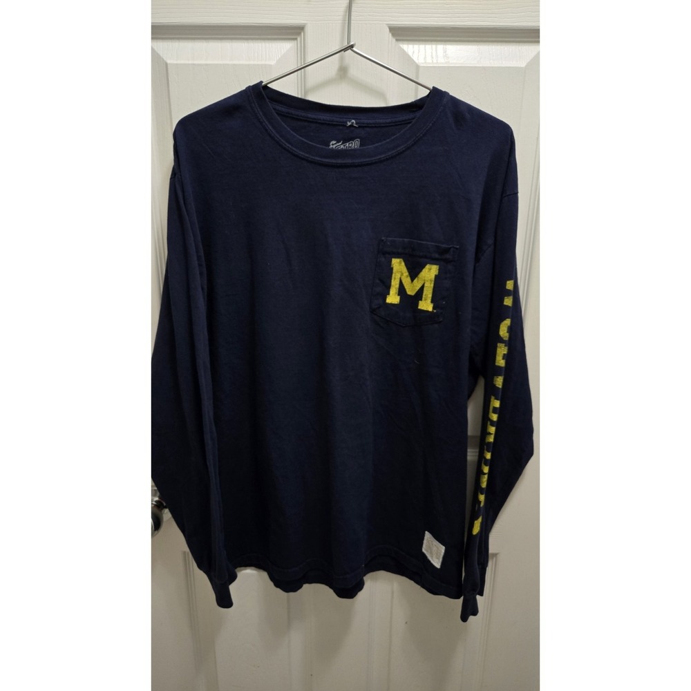 University of Michigan Wolverines Sleeve Print Long Sleeve Sz L Navy Retro Brand